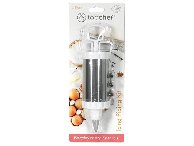 stainless steel piping tube; white plastic handles and base; five-piece set including four nozzles; packaged on cardboard backing with baking visuals; brand logo 'topchef' visible;