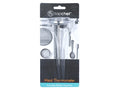 stainless steel probe; round dial with clear window; black and blue packaging; Topchef branding; compact size;