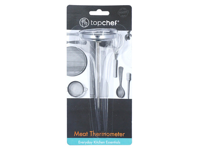 stainless steel probe; round dial with clear window; black and blue packaging; Topchef branding; compact size;