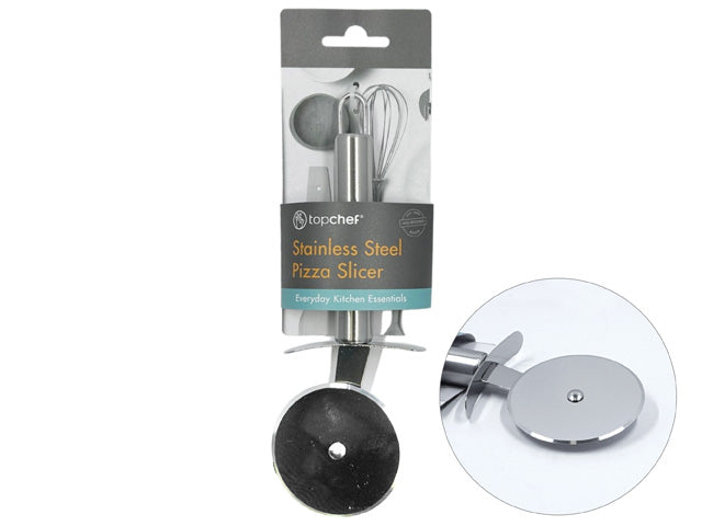 stainless steel material; round slicing blade; metal handle with hanging loop; packaged with label band;