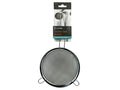 round stainless steel mesh strainer; 18cm diameter; long handle; two support rests on rim; packaged with branded card label;