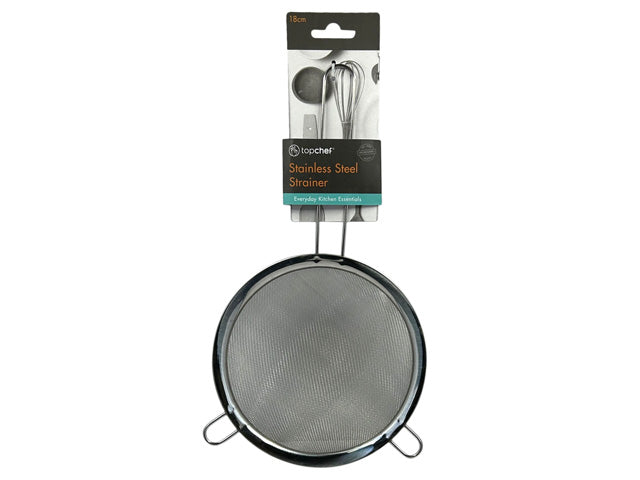 round stainless steel mesh strainer; 18cm diameter; long handle; two support rests on rim; packaged with branded card label;