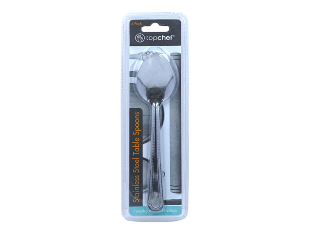 4 stainless steel table spoons; silver colour; classic spoon shape; packaged in clear plastic blister; pack includes 4 spoons;