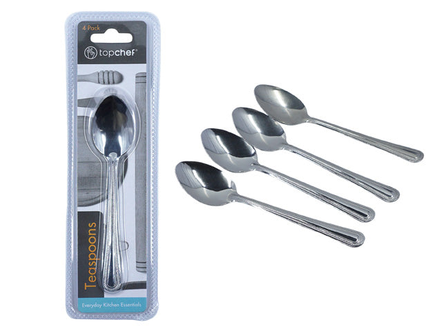 set of 4 teaspoons; stainless steel material; packaging labelled 'topchef'; classic spoon shape; polished finish;