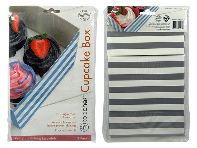pack of two boxes; blue and white striped design; clear window through package; rectangular box shape; packaging shows cupcakes inside;