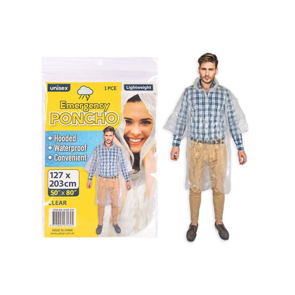 transparent clear plastic material; hooded poncho design; rectangular shape with wide sleeves; packaged in yellow label bag; printed size 127 x 203 cm;