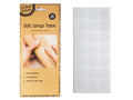 brown recycled-style packaging with black text; transparent circular tabs on white backing sheet; package label shows hands applying tab to brown paper; 10 sheets per pack; each sheet with multiple clear adhesive tabs;