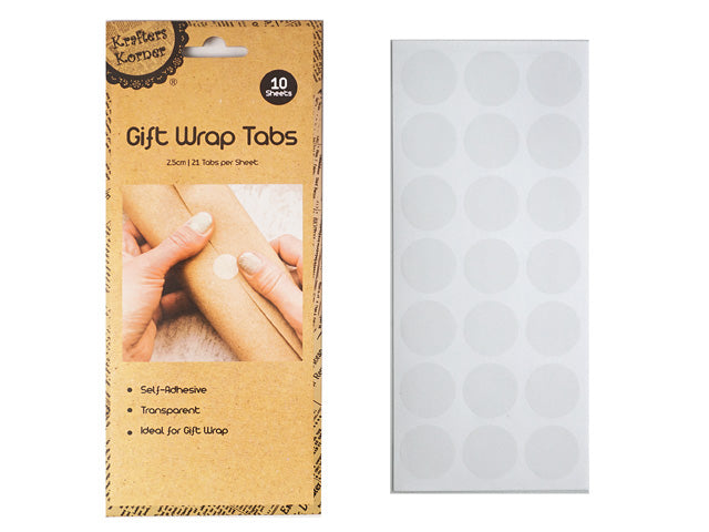 brown recycled-style packaging with black text; transparent circular tabs on white backing sheet; package label shows hands applying tab to brown paper; 10 sheets per pack; each sheet with multiple clear adhesive tabs;