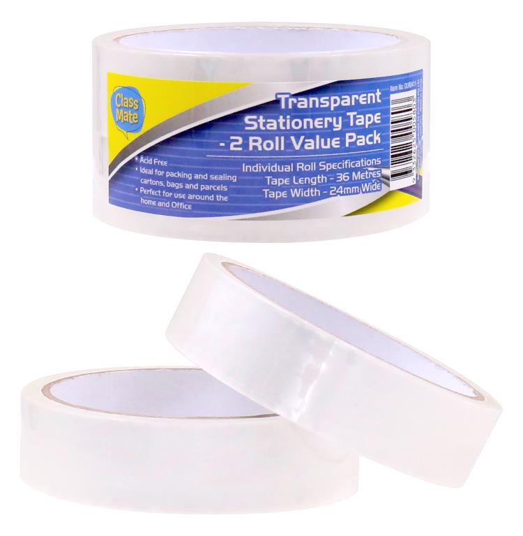 Two rolls of transparent tape; White translucent appearance; 24mm width visible on label; 36 metres length stated on packaging; Blue and yellow branded label;