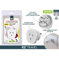 white plastic adaptor; three-pin Australian socket outlet; two-prong plug for China/USA/Canada; compact square shape; packaged in clear plastic blister;