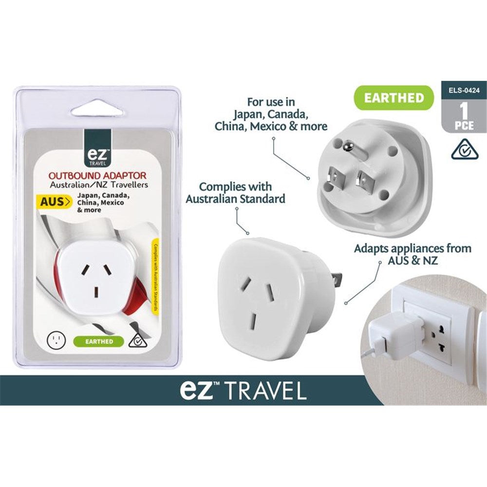 white plastic adaptor; three-pin Australian socket outlet; two-prong plug for China/USA/Canada; compact square shape; packaged in clear plastic blister;