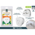 white plastic adaptor; three-pin plug for India/Pakistan; Australian plug socket side; packaged in clear plastic with country flags graphics; compact rounded triangular shape;