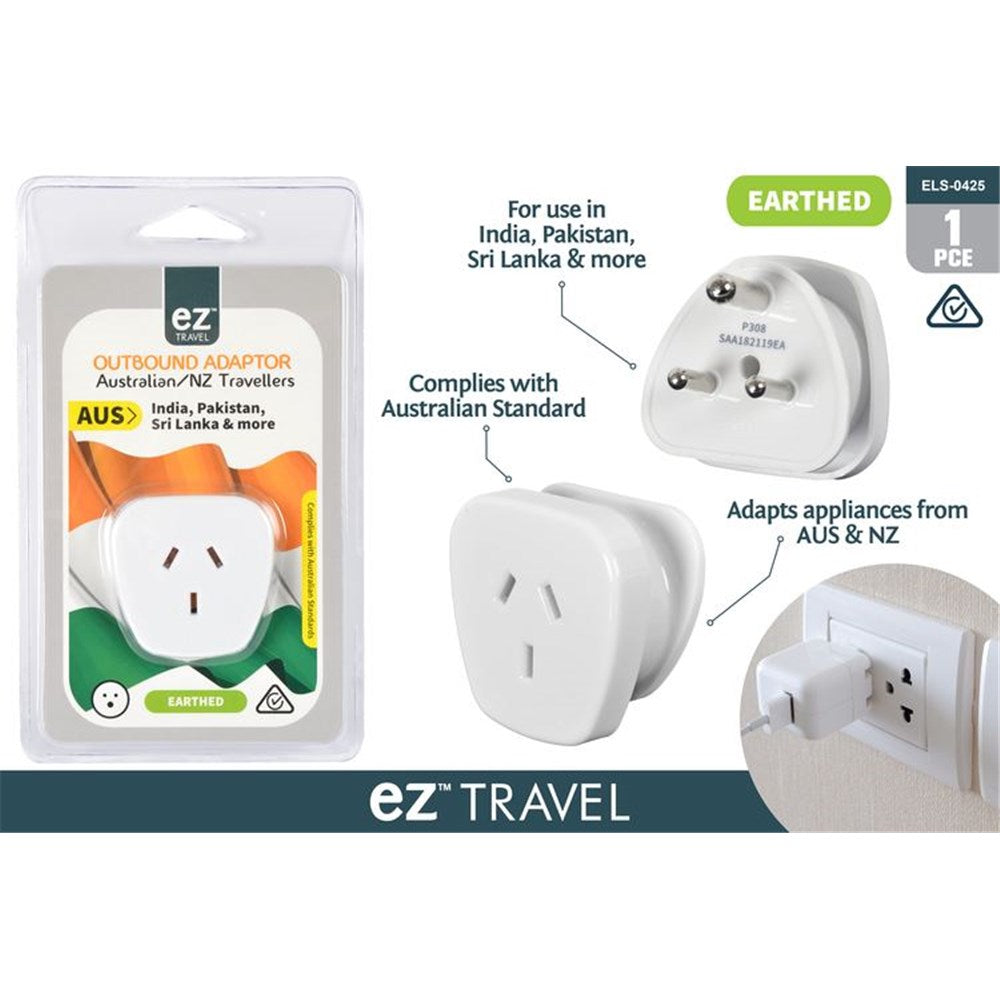 white plastic adaptor; three-pin plug for India/Pakistan; Australian plug socket side; packaged in clear plastic with country flags graphics; compact rounded triangular shape;