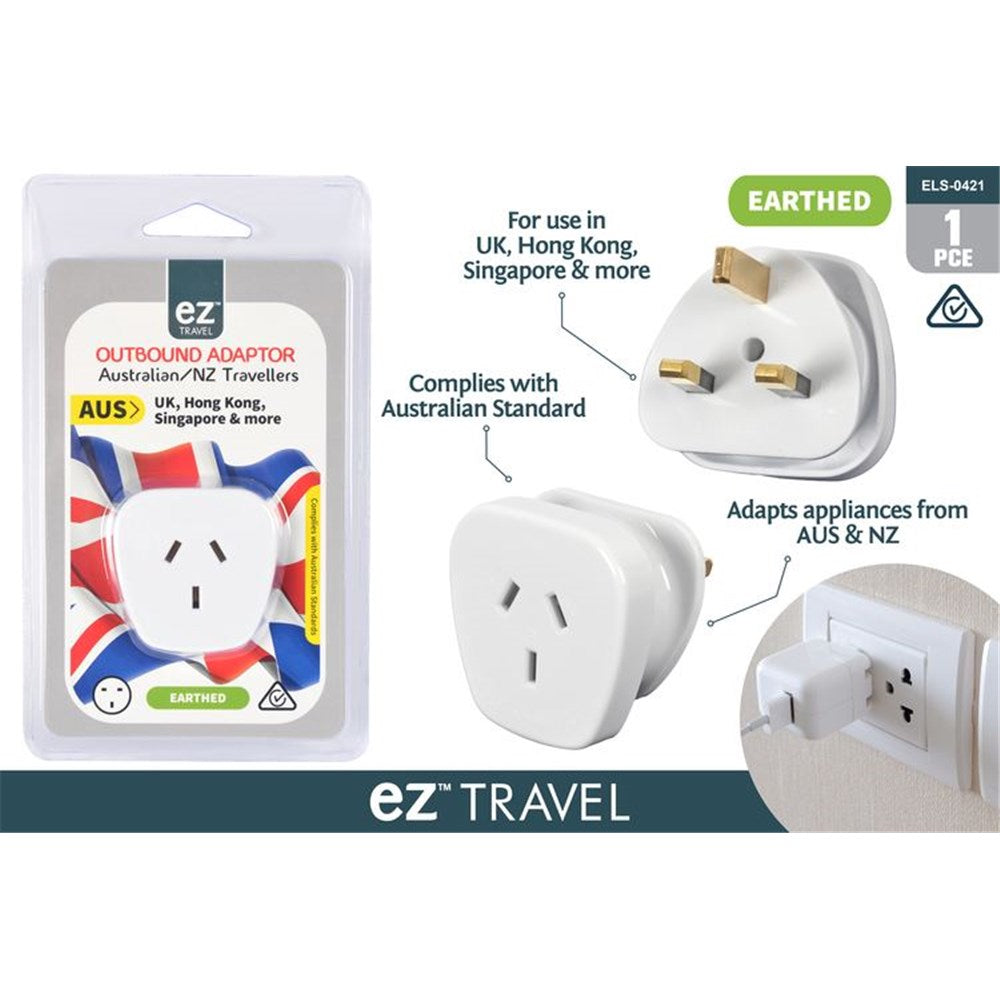 white plastic body; earthed 3-pin UK style plug; compact square shape; packaged in clear plastic with NZ/AUS and UK flags;