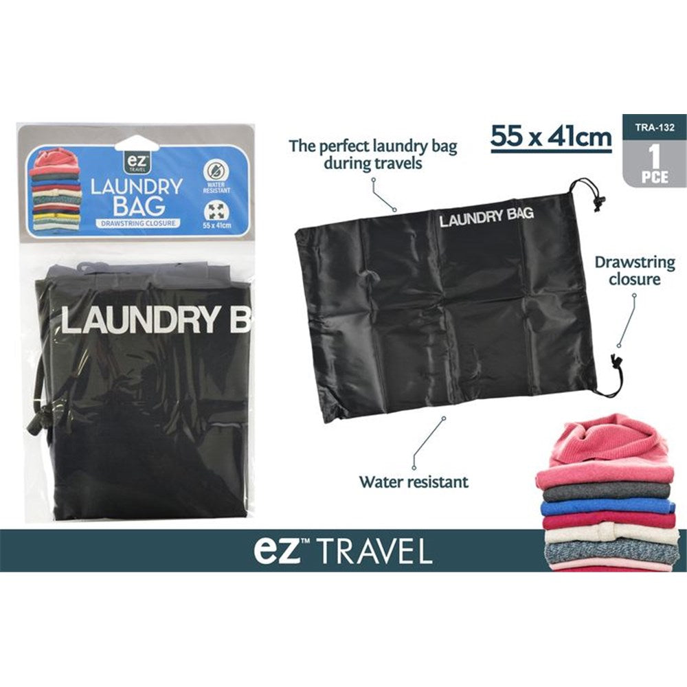 black colour; drawstring closure; white Laundry Bag text; water-resistant material; folded in packaging;