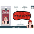 red eye mask with black trim; black 'DO NOT DISTURB' text printed; silky fabric appearance; double elasticated black headband; packaged in clear plastic blister pack;