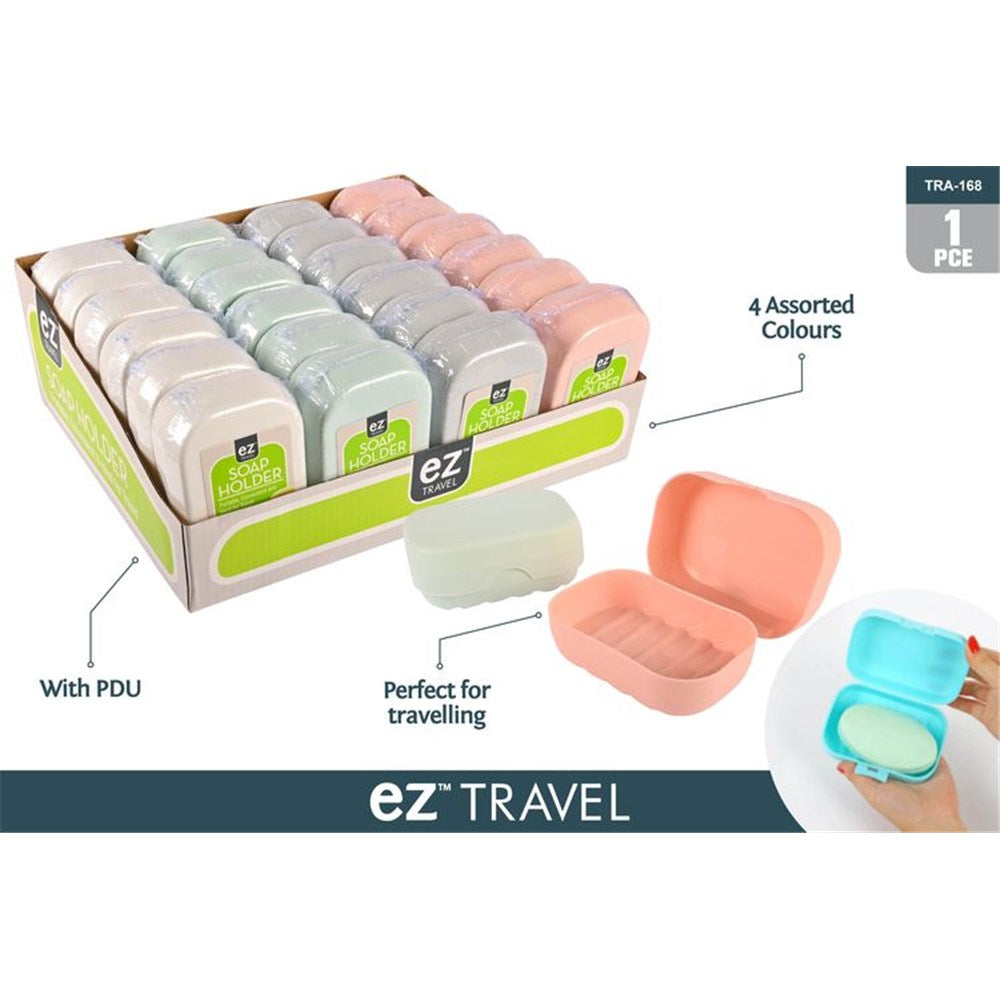 Rectangular plastic soap holders; Available in pastel colours (white, green, grey, pink, blue); Includes hinged lid with snap closure; Compact size suitable for travel; Smooth matte finish;