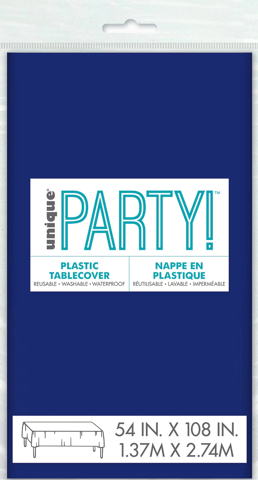 True navy blue colour; Rectangular shape; Plastic material; Compact retail packaging with hanging hole; White label with blue and black text;