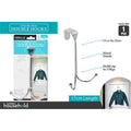 silver metal finish; twin hook design; curved hook ends with rounded tips; hooks attached to a flat over-door hanger bracket; packaged on card with blue and white design;