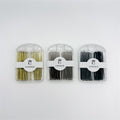 Pins supplied in a clear plastic case; Three colour options shown: gold, silver and black; Front band on case printed with brand name "CONNICE"; U-shape metal pins neatly stacked inside the case;