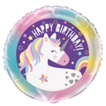 Round foil balloon; Pastel rainbow border; Unicorn illustration with multicolour mane; "Happy Birthday" text in white on purple background; Glitter heart patterns on unicorn body;