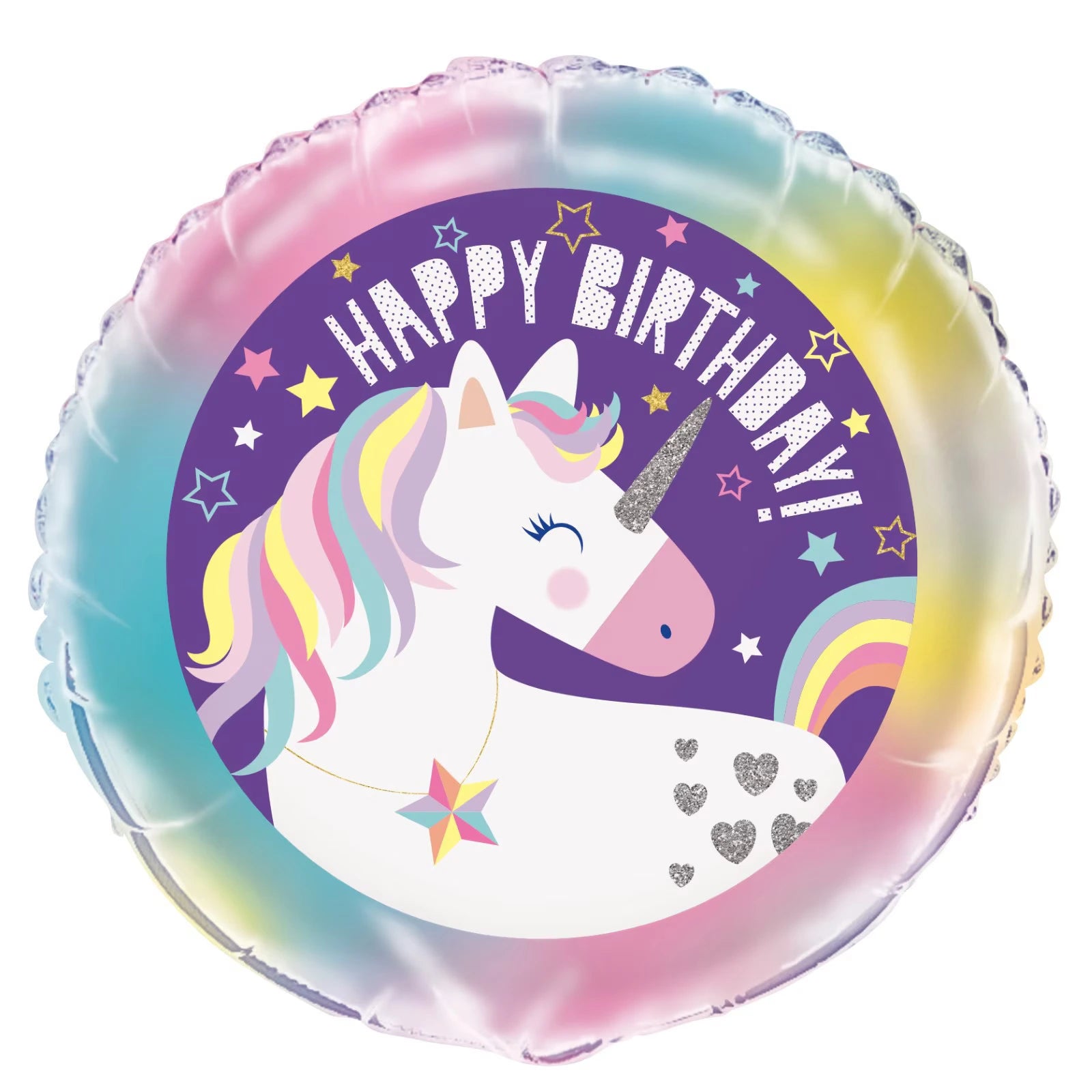 Round foil balloon; Pastel rainbow border; Unicorn illustration with multicolour mane; "Happy Birthday" text in white on purple background; Glitter heart patterns on unicorn body;