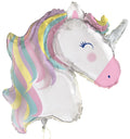 silver foil balloon shaped like a unicorn head; pastel rainbow coloured mane in yellow, pink, purple and blue; pink snout with navy nostril; silver glitter horn on forehead;