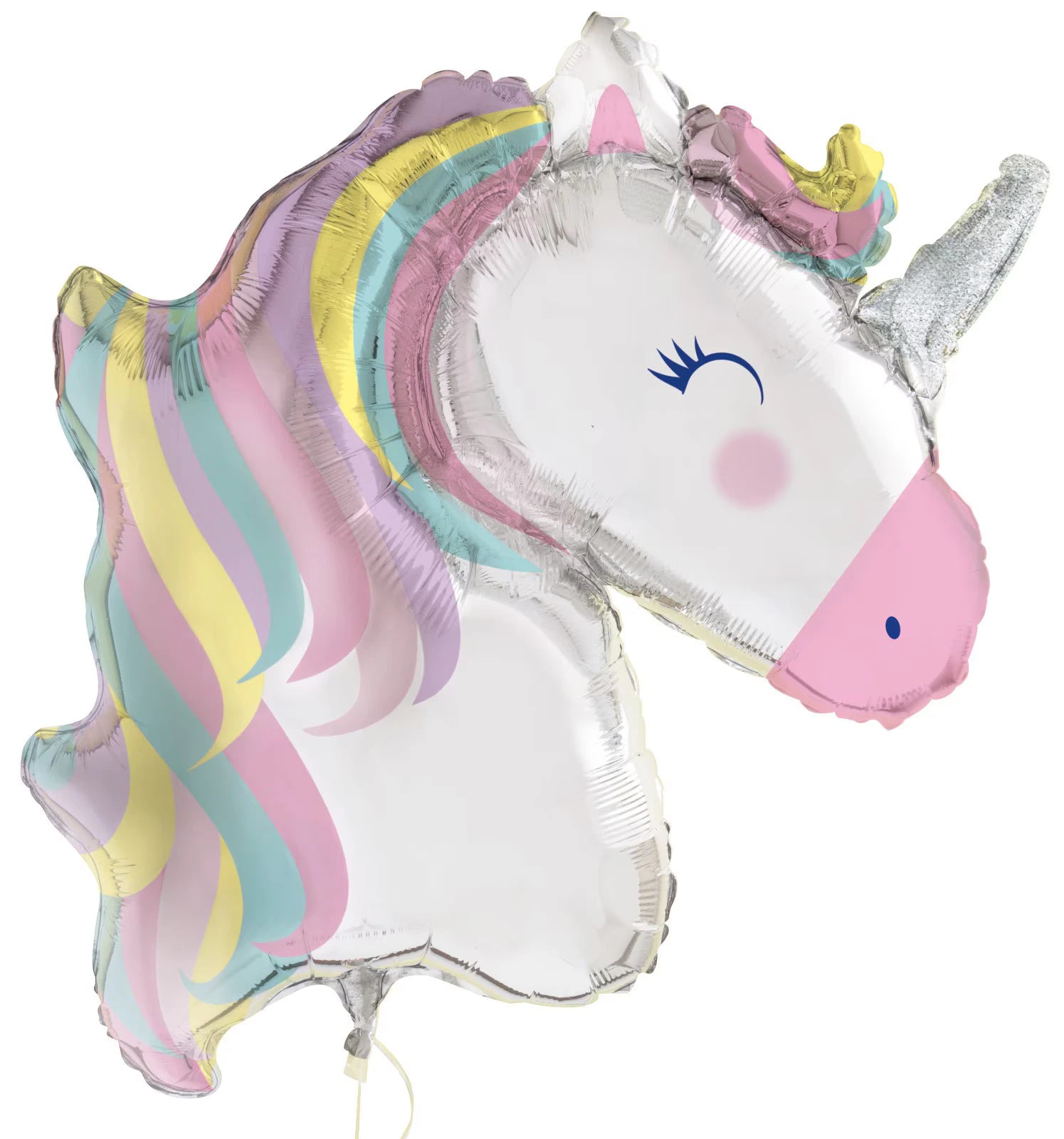 silver foil balloon shaped like a unicorn head; pastel rainbow coloured mane in yellow, pink, purple and blue; pink snout with navy nostril; silver glitter horn on forehead;
