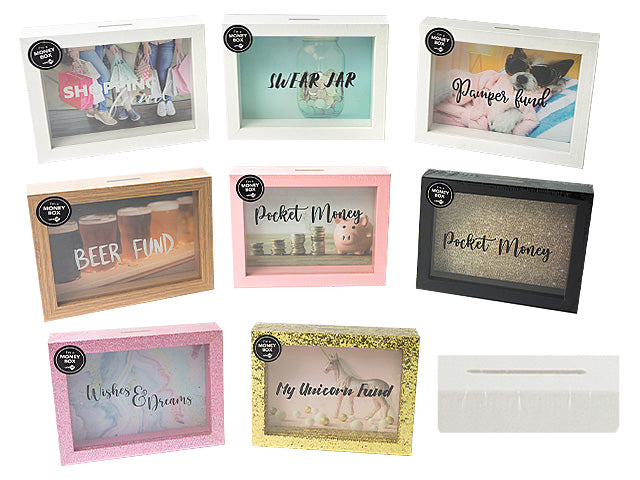 rectangular shape; various colours including white, pink, black, gold glitter; different theme texts on front glass like 'Pocket Money', 'Beer Fund'; transparent front panel; coin slot on top;