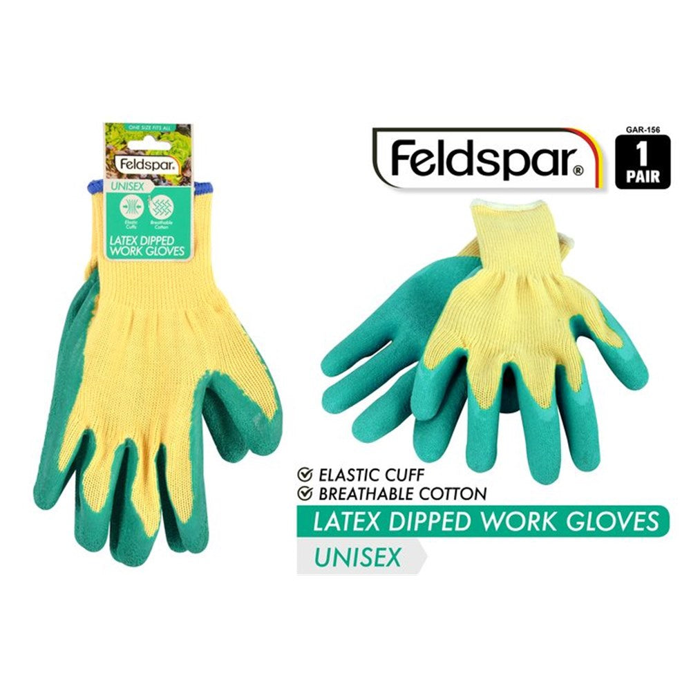 Yellow cotton fabric with green latex dipped palm and fingers; Elastic cuff in yellow cotton; Latex coated grip on palm and fingers; Unisex design packaging;