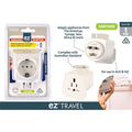 white plastic body; compact rectangular shape; 3 pin Australian plug; front apperture for various international plugs; packaged in clear plastic blister with paper backing;