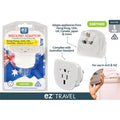 white plastic body; 3-pin Australian plug style; packaged in clear plastic; labelled with multiple country names; compact rectangular shape;