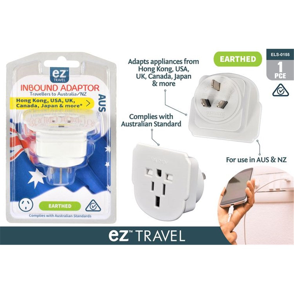 white plastic body; 3-pin Australian plug style; packaged in clear plastic; labelled with multiple country names; compact rectangular shape;