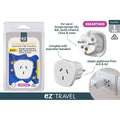 white colour; compact square shape; unearthed design; Australian plug front; European plug rear;