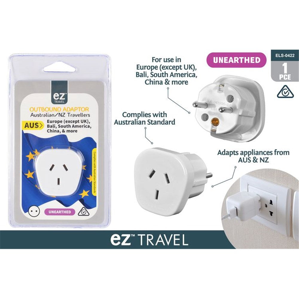 white colour; compact square shape; unearthed design; Australian plug front; European plug rear;