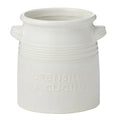 white ceramic material; cylindrical shape; embossed text 'UTENSILI DA CUCINA'; small side handles; matte finish;