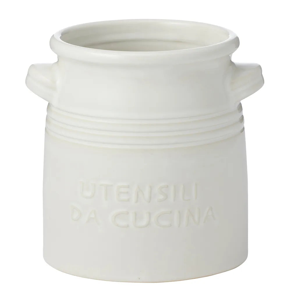 white ceramic material; cylindrical shape; embossed text 'UTENSILI DA CUCINA'; small side handles; matte finish;