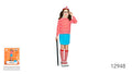 red and white horizontal striped long sleeve top; blue skirt; red and white striped knee-high socks; white and red cap with pom pom; black cane accessory;