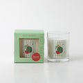 clear glass container; white candle wax; green and red watermelon label; mint green box packaging with window;