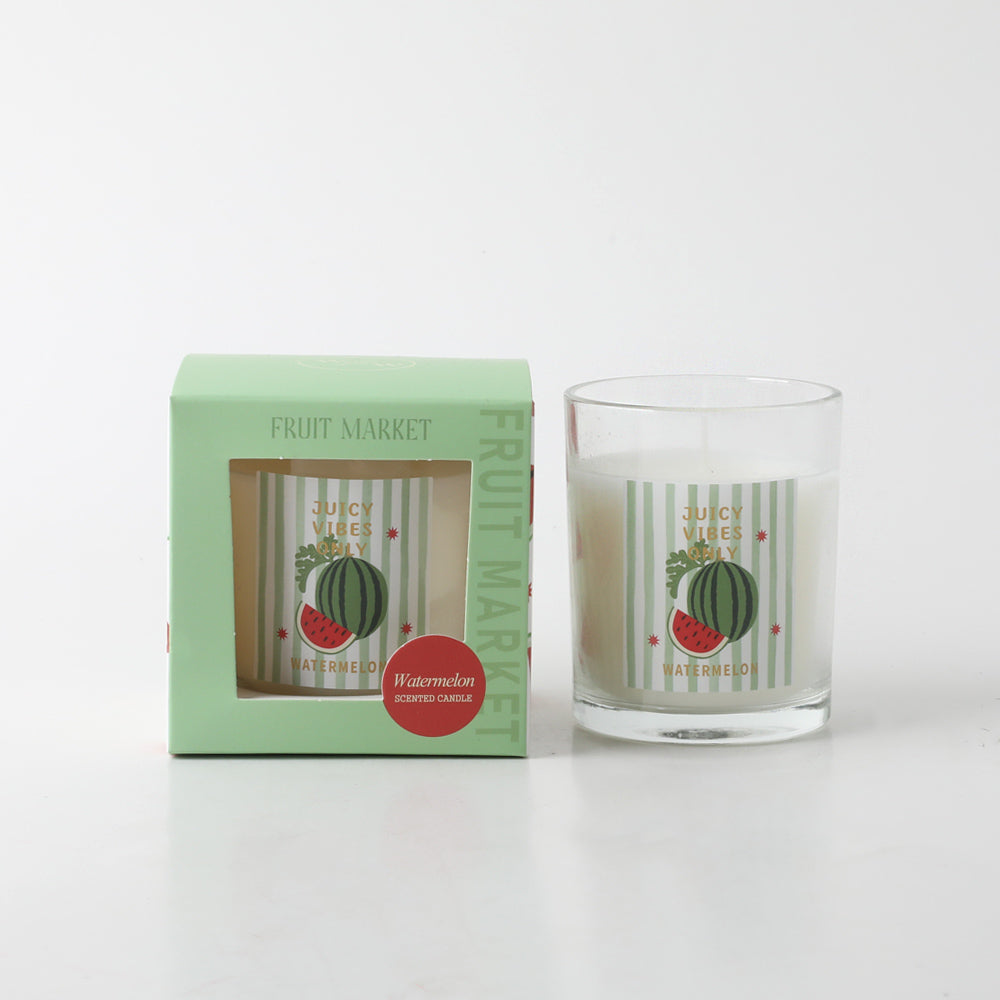 clear glass container; white candle wax; green and red watermelon label; mint green box packaging with window;