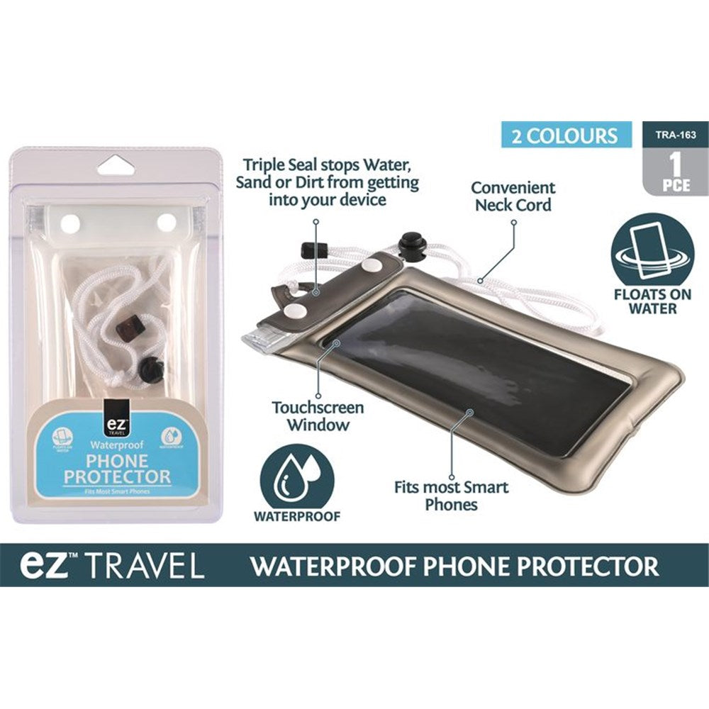 clear waterproof phone case; silver/grey border; white neck cord; triple seal closure with buttons; transparent touchscreen window;