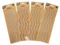 four sheets of wave-shaped border stickers; multicolour designs on brown backing cards; each sheet sealed in clear plastic packaging; stickers have a glossy finish;