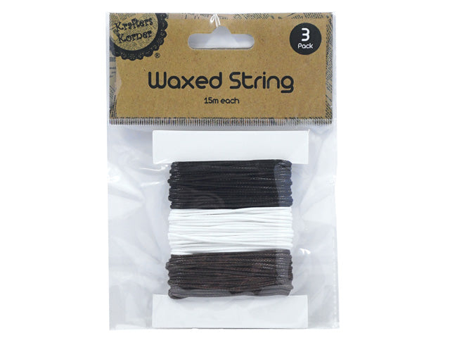 3 pack of waxed strings; Colours: black, white, brown; 15 meters length each; Packaged with cardboard header; Strings neatly wrapped on white cards;