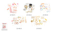white, black and gold colour scheme; includes props shaped like bouquet, glasses, champagne bottle; floral accents on several props; props attached to thin sticks for easy handling;