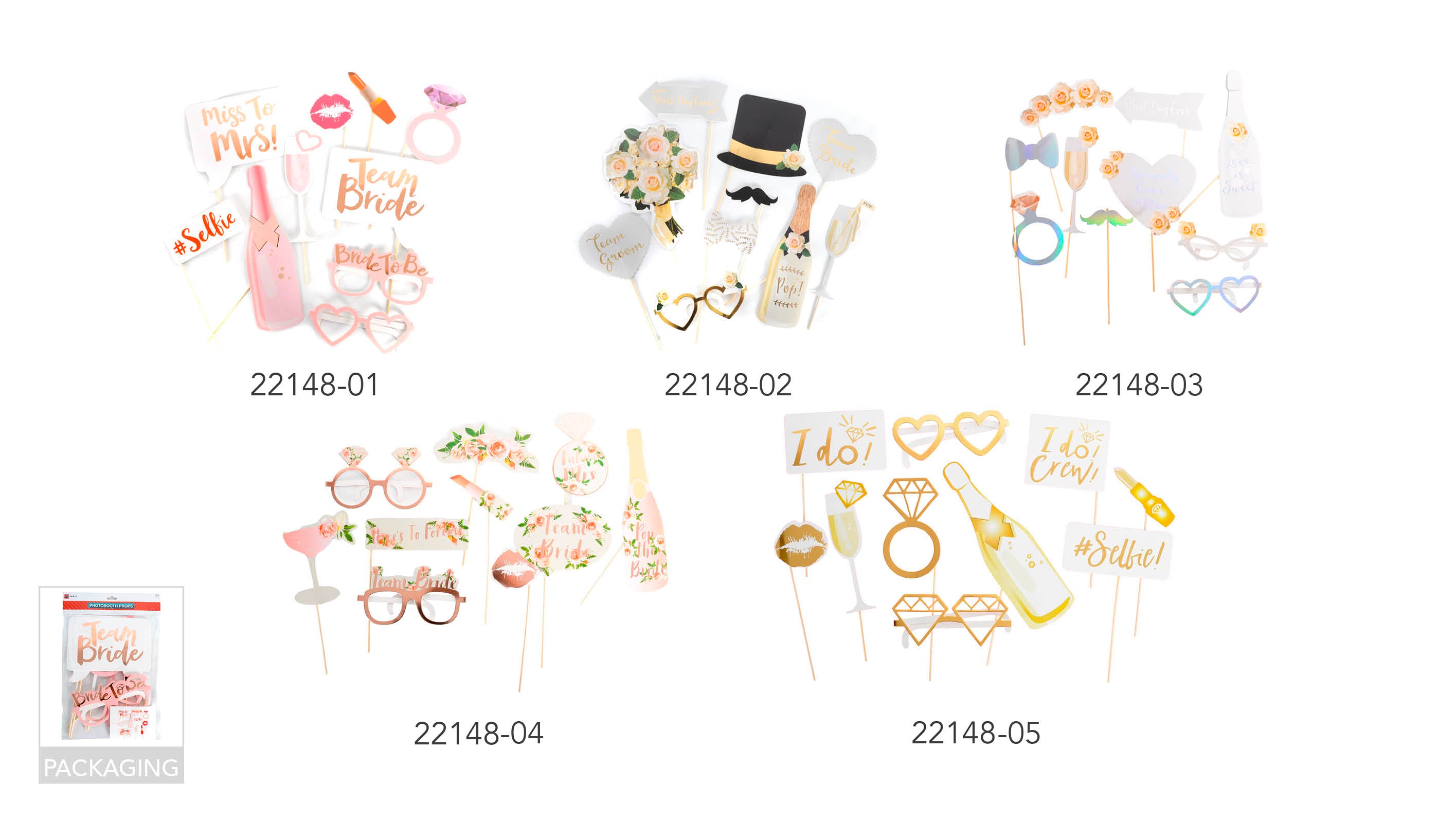 white, black and gold colour scheme; includes props shaped like bouquet, glasses, champagne bottle; floral accents on several props; props attached to thin sticks for easy handling;