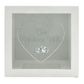 white square frame; transparent front panel; heart design made of small dots; image of two silver wedding rings; text 'Our Wishing Well' printed inside;