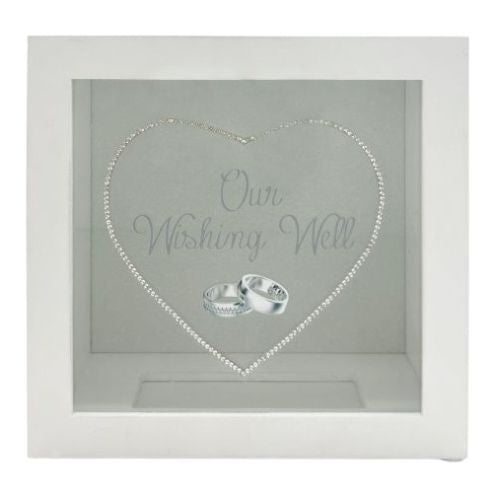 white square frame; transparent front panel; heart design made of small dots; image of two silver wedding rings; text 'Our Wishing Well' printed inside;