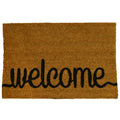 rectangular shape; natural coir fibre material; black 'welcome' text printed; brown natural colour; PVC backing visible on underside;