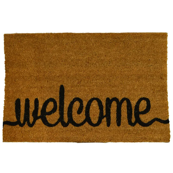 rectangular shape; natural coir fibre material; black 'welcome' text printed; brown natural colour; PVC backing visible on underside;