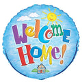 round shape; blue background with clouds and sun; multicoloured text saying 'Welcome Home!'; small house illustration at bottom;